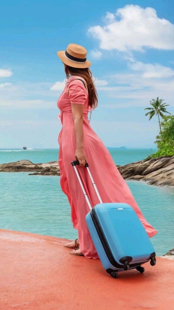 Solo female traveler with backpack ready for adventure tou